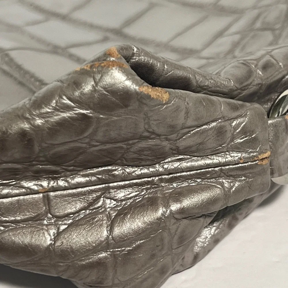 Coach Ashley Carryall Women Large Silver Metallic Croc Embossed Leather Tote Bag